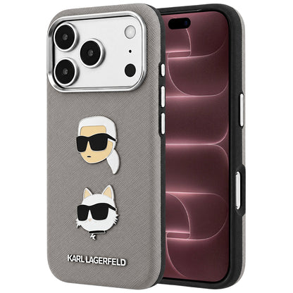 Hülle für Apple iPhone 18 Pro Max / 17 Pro Max, Karl Lagerfeld, Saffiano mit Karl & Choupette-Kopf-Pin und Logo, Grau