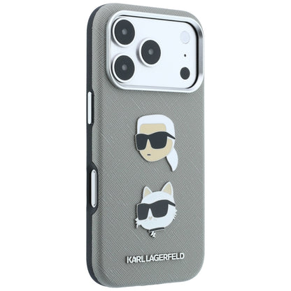 Hülle für Apple iPhone 18 Pro Max / 17 Pro Max, Karl Lagerfeld, Saffiano mit Karl & Choupette-Kopf-Pin und Logo, Grau