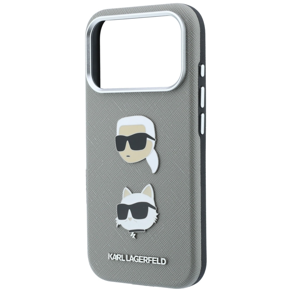 Hülle für Apple iPhone 18 Pro Max / 17 Pro Max, Karl Lagerfeld, Saffiano mit Karl & Choupette-Kopf-Pin und Logo, Grau