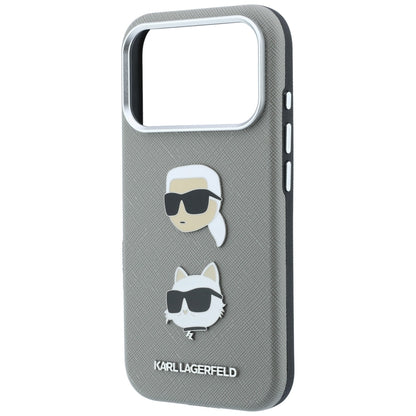 Hülle für Apple iPhone 18 Pro Max / 17 Pro Max, Karl Lagerfeld, Saffiano mit Karl & Choupette-Kopf-Pin und Logo, Grau