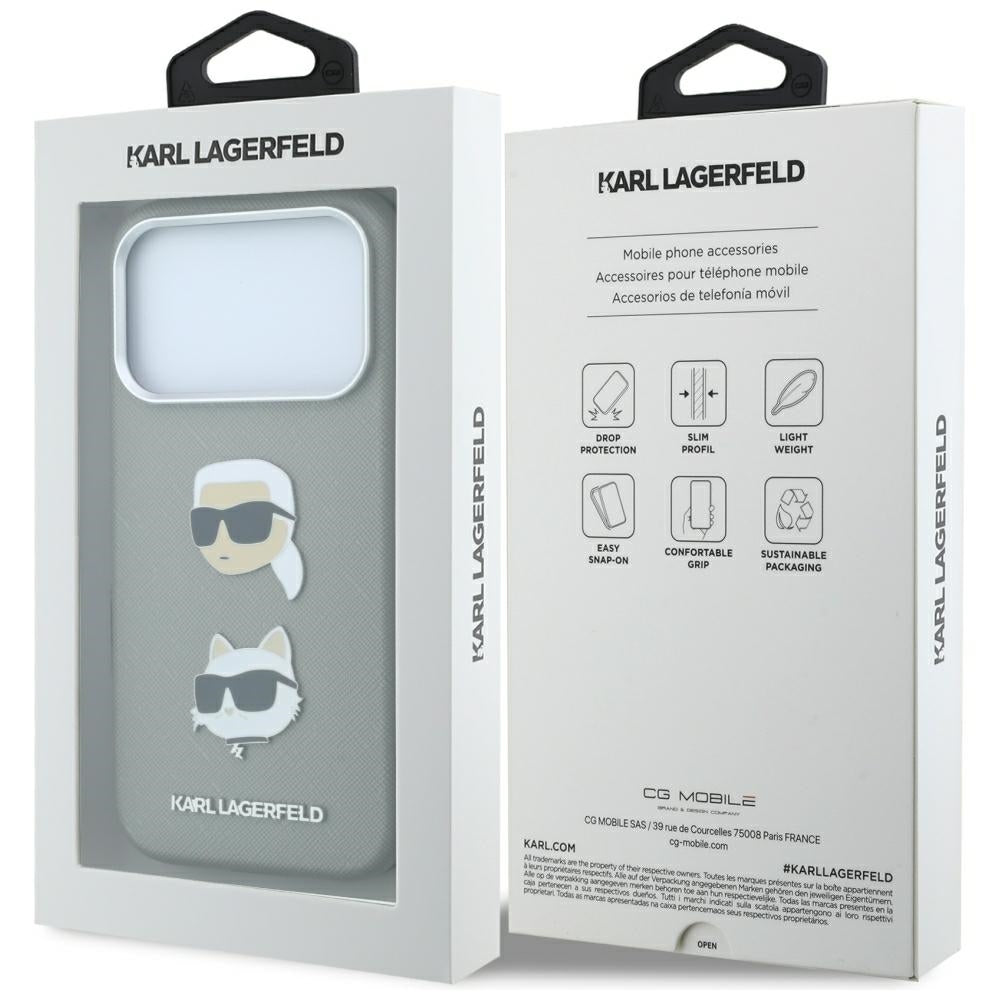 Hülle für Apple iPhone 18 Pro Max / 17 Pro Max, Karl Lagerfeld, Saffiano mit Karl & Choupette-Kopf-Pin und Logo, Grau