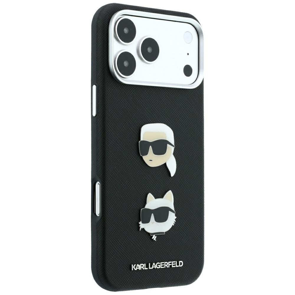 Hülle für Apple iPhone 18 Pro Max / 17 Pro Max, Karl Lagerfeld, Saffiano mit Karl & Choupette Kopf-Pin und Logo, Schwarz