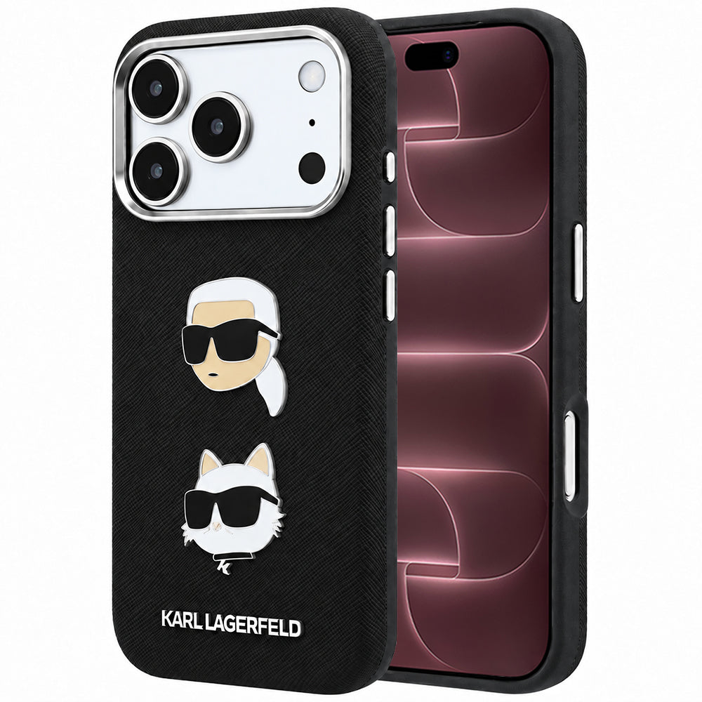 Hülle für Apple iPhone 18 Pro Max / 17 Pro Max, Karl Lagerfeld, Saffiano mit Karl & Choupette Kopf-Pin und Logo, Schwarz
