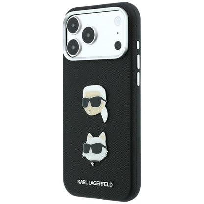 Hülle für Apple iPhone 18 Pro Max / 17 Pro Max, Karl Lagerfeld, Saffiano mit Karl & Choupette Kopf-Pin und Logo, Schwarz