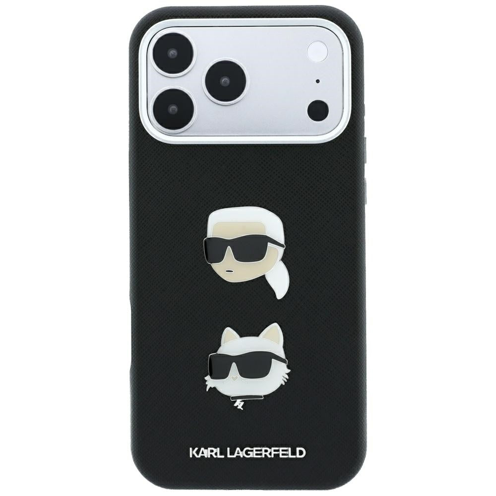 Hülle für Apple iPhone 18 Pro Max / 17 Pro Max, Karl Lagerfeld, Saffiano mit Karl & Choupette Kopf-Pin und Logo, Schwarz
