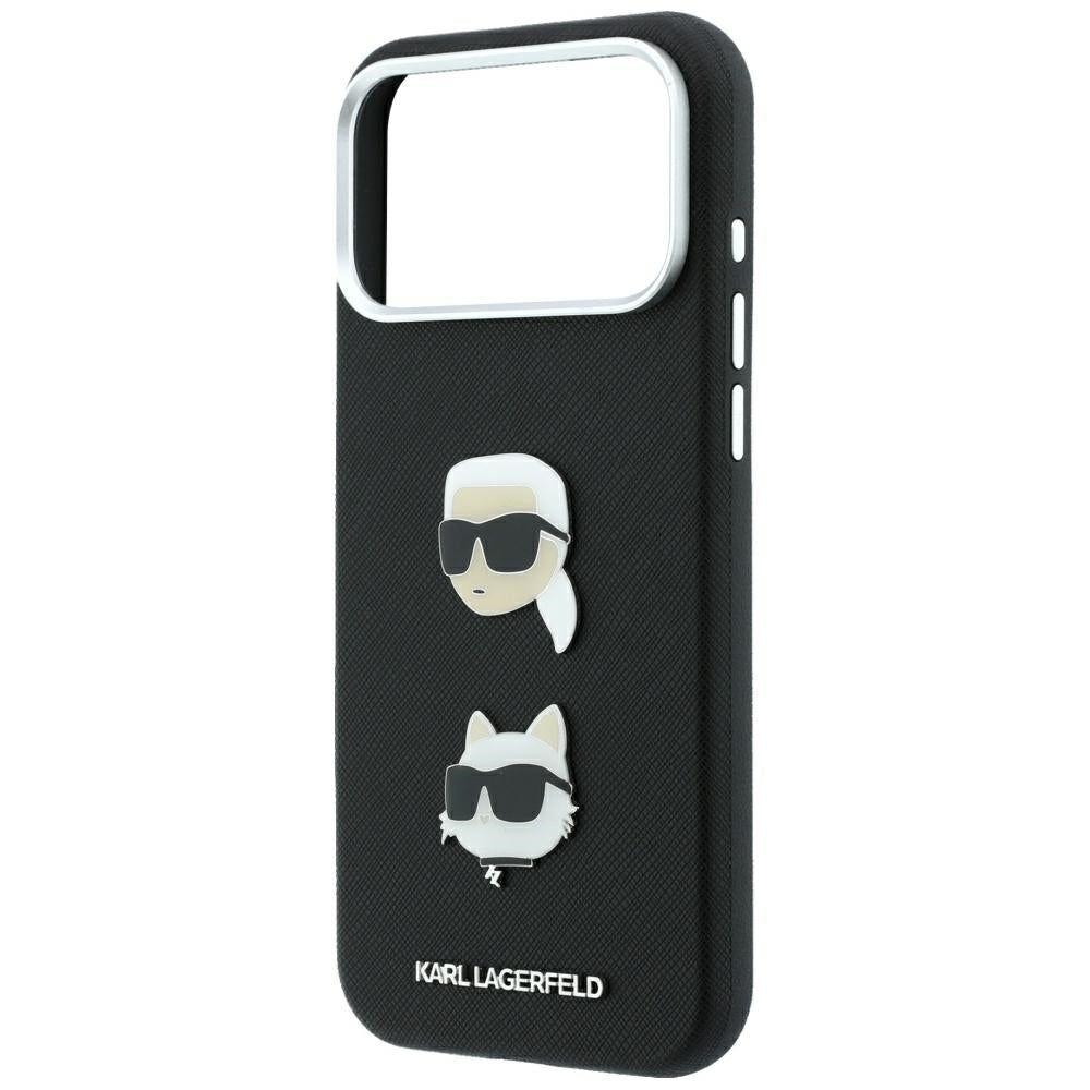 Hülle für Apple iPhone 18 Pro Max / 17 Pro Max, Karl Lagerfeld, Saffiano mit Karl & Choupette Kopf-Pin und Logo, Schwarz