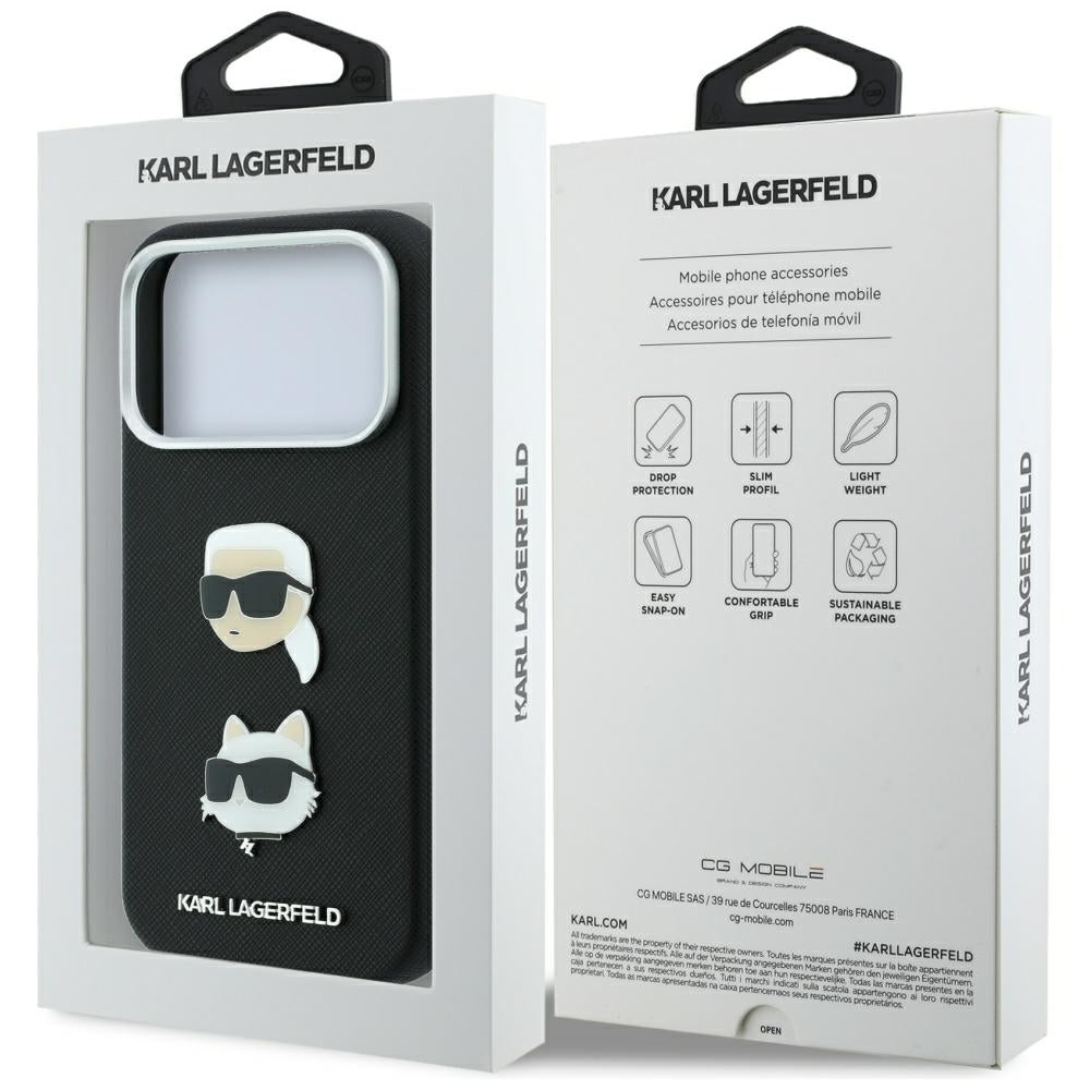 Hülle für Apple iPhone 18 Pro Max / 17 Pro Max, Karl Lagerfeld, Saffiano mit Karl & Choupette Kopf-Pin und Logo, Schwarz