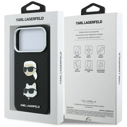 Hülle für Apple iPhone 18 Pro Max / 17 Pro Max, Karl Lagerfeld, Saffiano mit Karl & Choupette Kopf-Pin und Logo, Schwarz