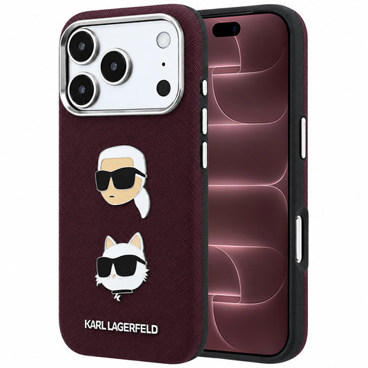 Hülle für Apple iPhone 18 Pro Max / 17 Pro Max, Karl Lagerfeld, Saffiano mit Karl & Choupette Kopf-Pin und Logo, Weinrot