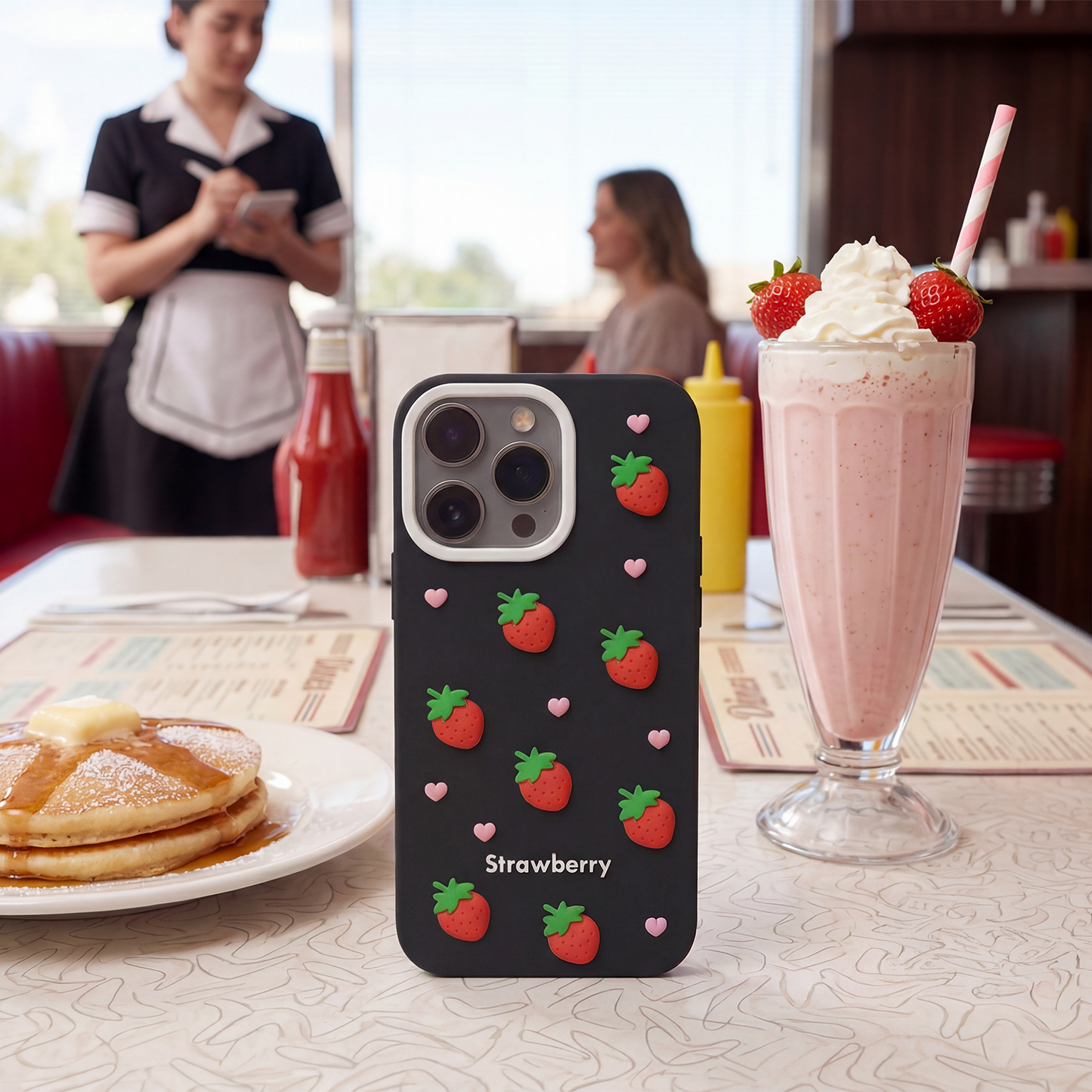 Hülle für Apple iPhone 12 / 12 Pro, OEM, Strawberry, Schwarz