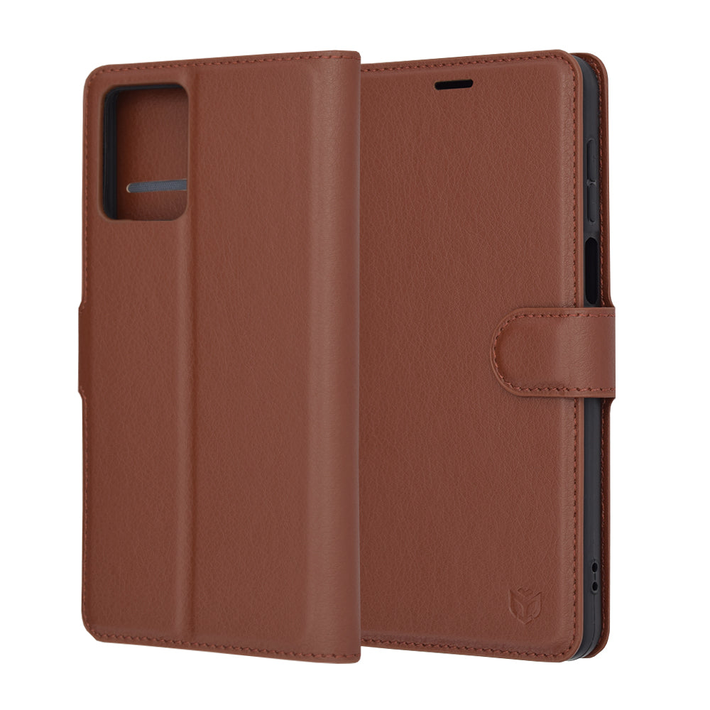 Hülle für Motorola Moto G14, Techsuit, Leder-Folio, Braun