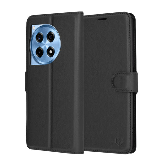 Hülle für OnePlus 12R, Techsuit, Leder-Folio, Schwarz