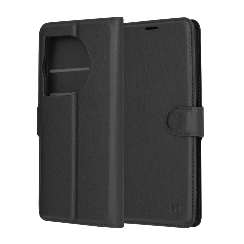 Hülle für OnePlus 12R, Techsuit, Leder-Folio, Schwarz