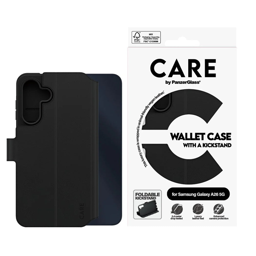 Hülle für Samsung Galaxy A26 A266, PanzerGlass, Care Feature Kickstand Wallet, Schwarz