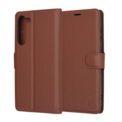 Hülle für Samsung Galaxy S23+ S916, Techsuit, Leder-Folio, Braun