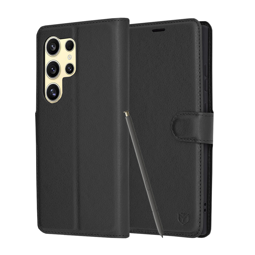 Hülle für Samsung Galaxy S24 Ultra S928, Techsuit, Leder-Folio, Schwarz