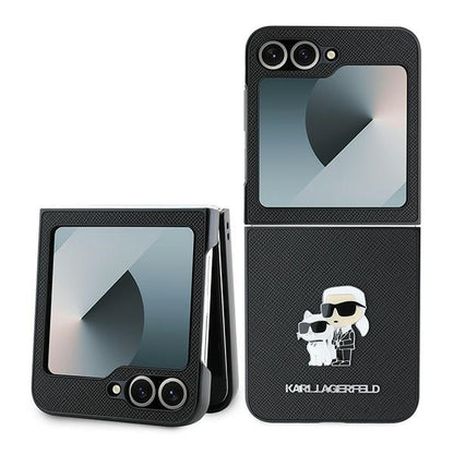 Case for Samsung Galaxy Z Flip7 FE F761 / Z Flip6 F741, Karl Lagerfeld, Saffiano Karl & Choupette Metal, Black