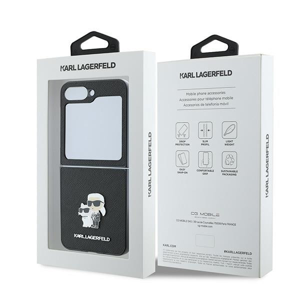 Case for Samsung Galaxy Z Flip7 FE F761 / Z Flip6 F741, Karl Lagerfeld, Saffiano Karl & Choupette Metal, Black