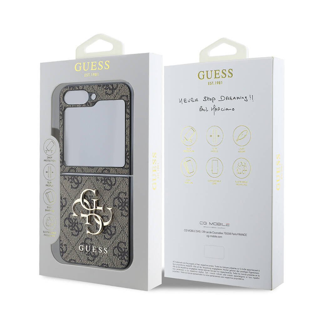 Hülle für Samsung Galaxy Z Flip7 FE F761 / Z Flip6 F741, Guess, 4G Metal Logo, Braun