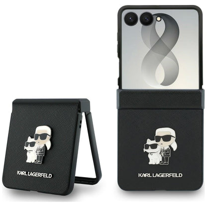 Hülle für Samsung Galaxy Z Flip8 F776, Karl Lagerfeld, Saffiano Karl & Choupette Metall-Pin, Schwarz