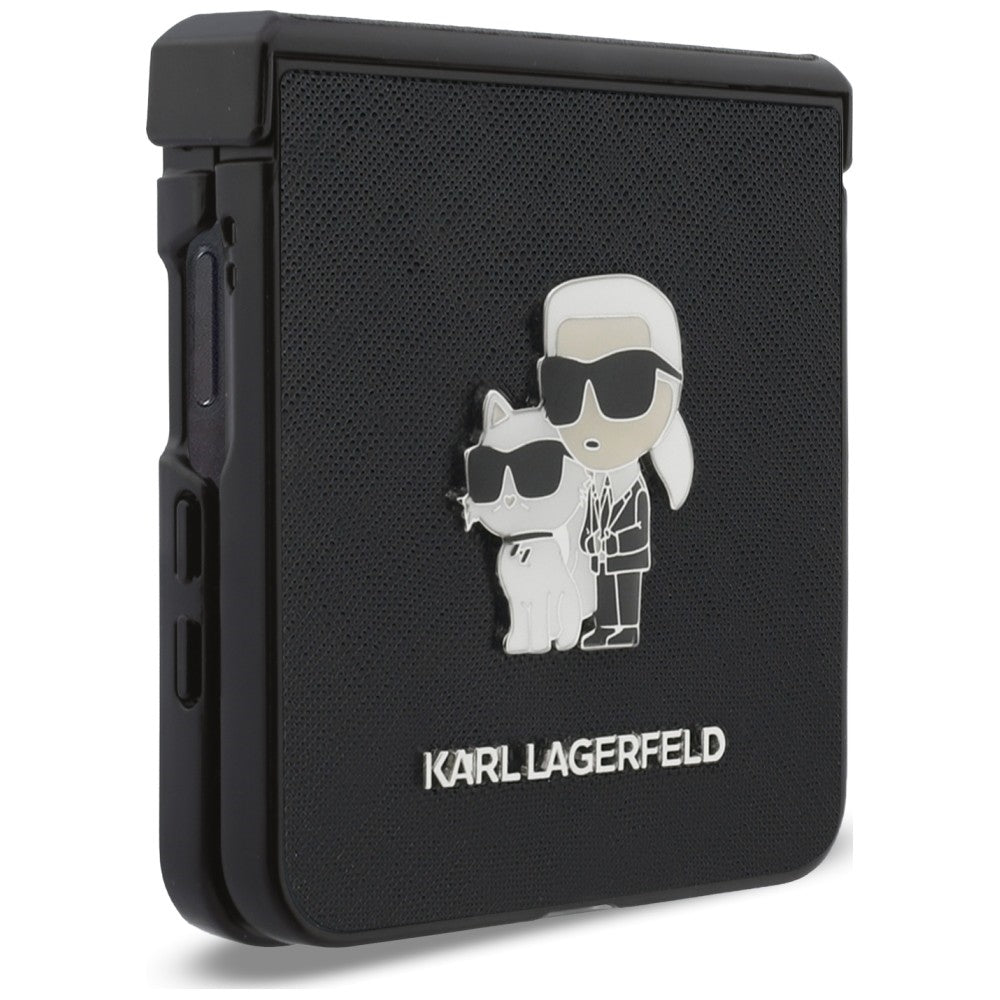 Hülle für Samsung Galaxy Z Flip8 F776, Karl Lagerfeld, Saffiano Karl & Choupette Metall-Pin, Schwarz