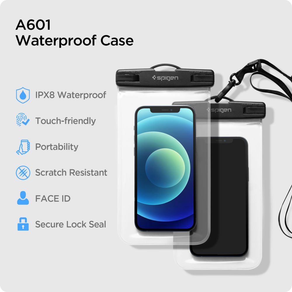 Universal-Wasserfeste Hülle für Telefon max. 3,5 Zoll - 7 Zoll, Spigen, A601, Set 2 Stück, Transparent AMP03098