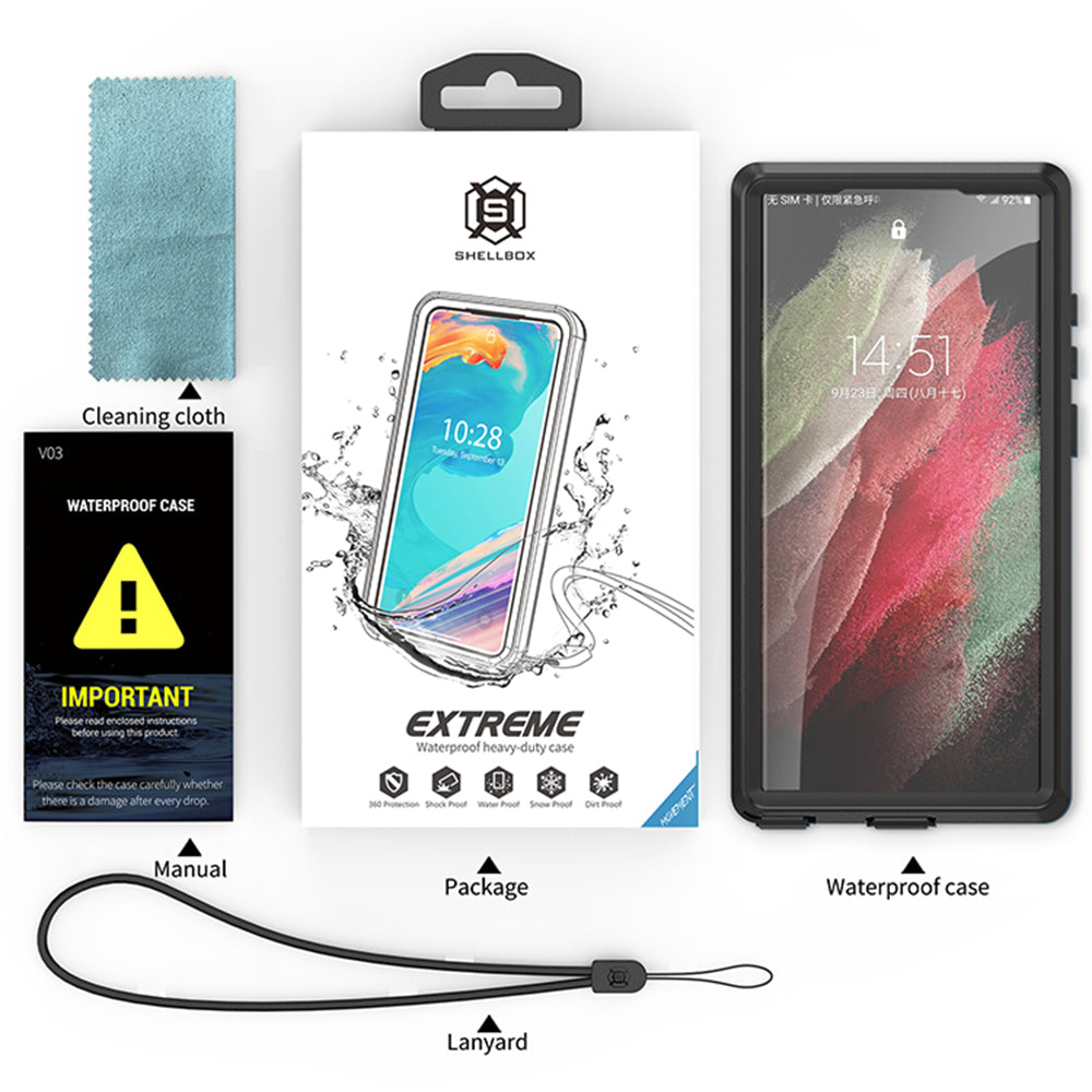 Wasserdichte Hülle für Samsung Galaxy S23 Ultra S918, ShellBox, Schwarz