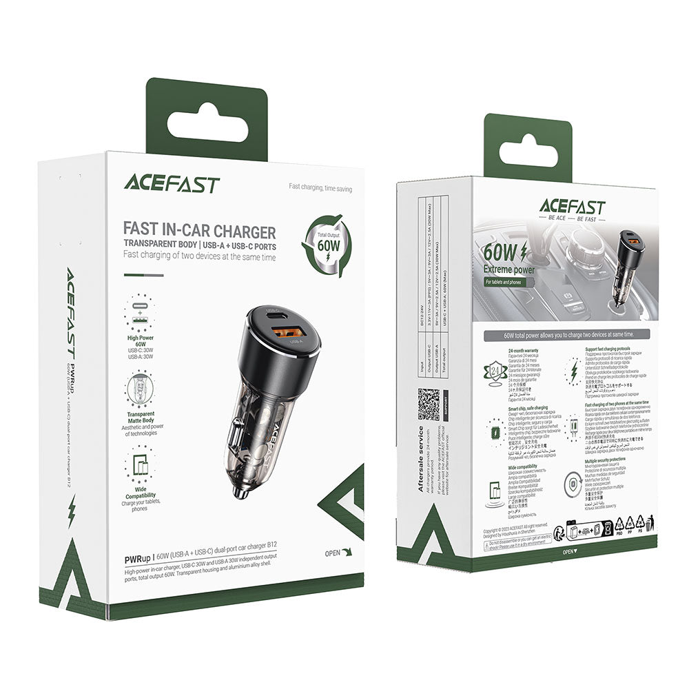 Acefast B12 Car Charger, 60W, 3A, 1 x USB-A - 1 x USB-C, Black