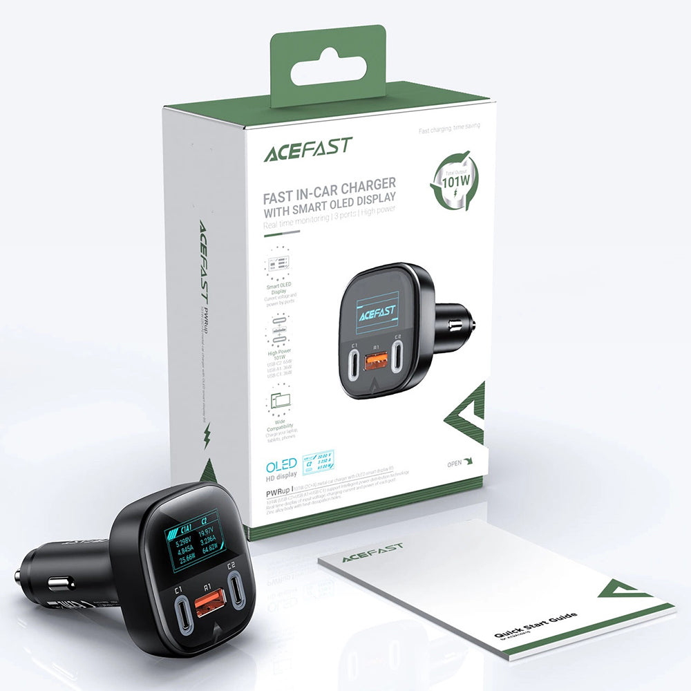 Auto-Ladegerät Acefast B5 Display, 101W, 5A, 1 x USB-A - 2 x USB-C, Schwarz