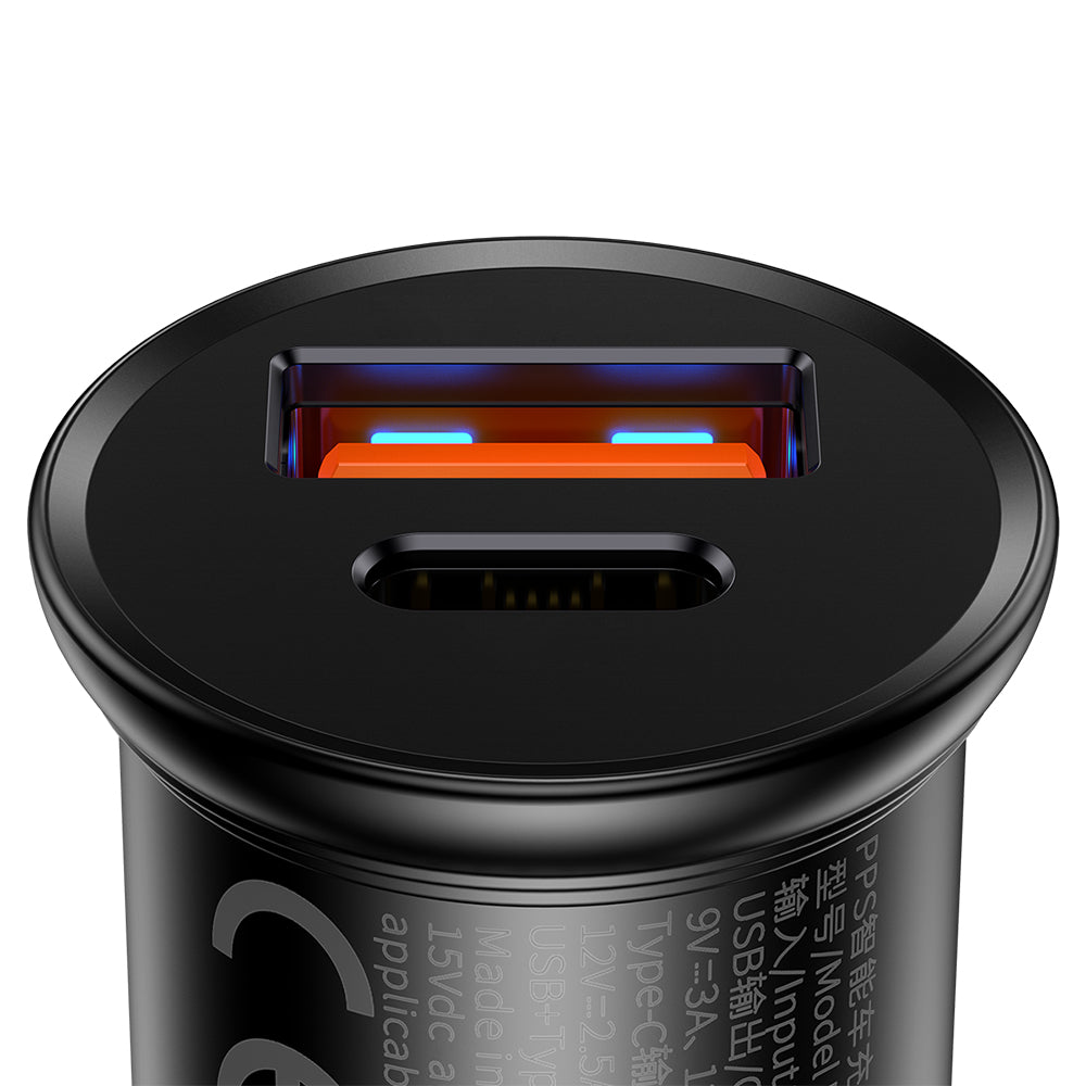 Auto-Ladegerät Baseus Circular Metal, 30W, 5A, 1 x USB-A - 1 x USB-C, Schwarz