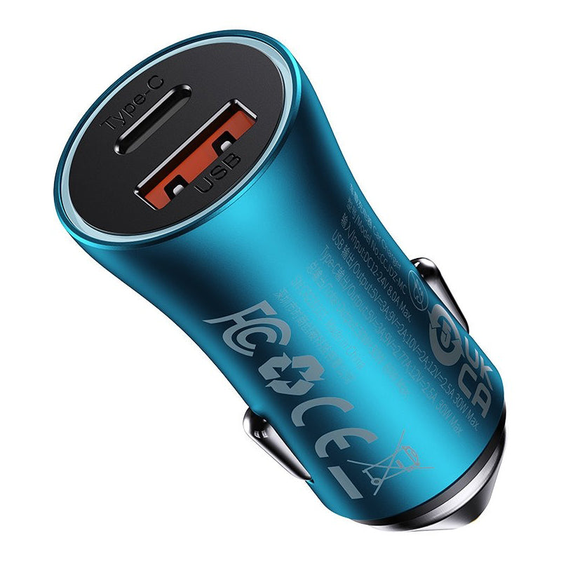 Baseus Golden Contactor Max Car Charger, 60W, 3A, 1 x USB-A - 1 x USB-C, Blue CGJM000103