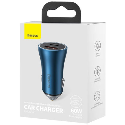 Baseus Golden Contactor Max Car Charger, 60W, 3A, 1 x USB-A - 1 x USB-C, Blue CGJM000103