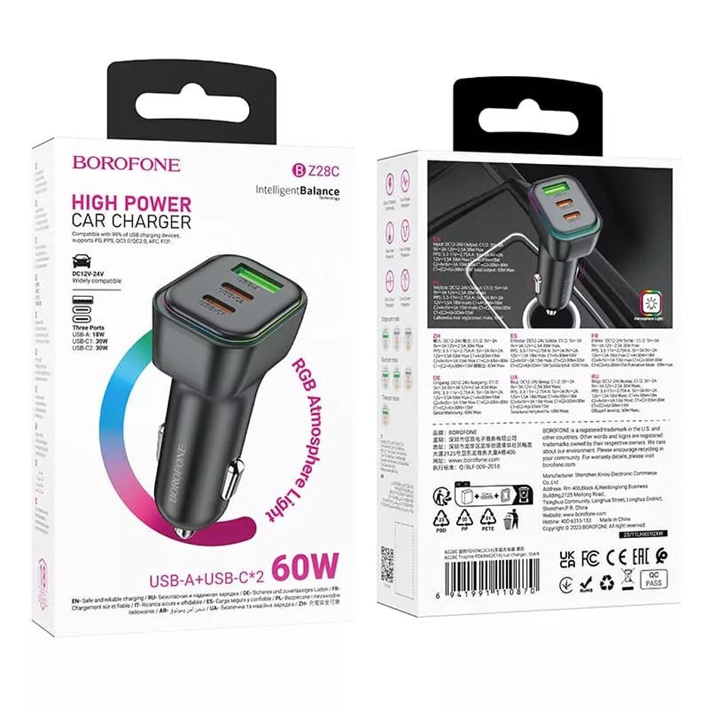 Auto-Ladegerät Borofone BZ28C Trophie, 60W, 3A, 1 x USB-A, 2 x USB-C, Schwarz