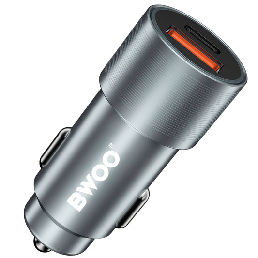 BWOO BO-CC73 Car Charger, 38W, 3A, 1 x USB-A - 1 x USB-C, Silver