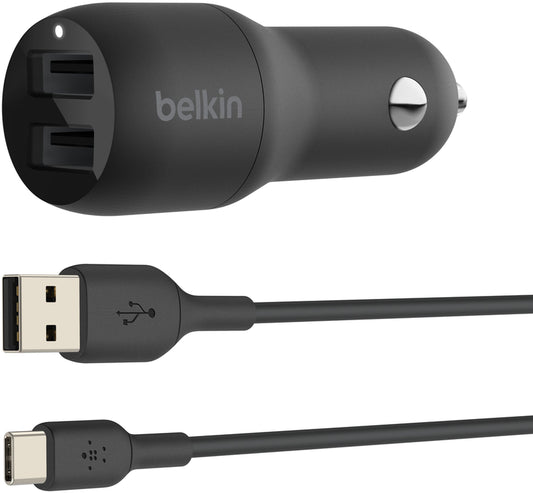 Auto-Ladegerät mit USB-C-Kabel Belkin BoostCharge Dual, 24W, 2,4A, 2 x USB-A, Schwarz CCE001bt1MBK