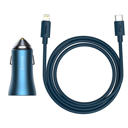 Autoladegerät mit Lightning-Kabel Baseus Golden Contactor, 40 W, 3 A, 1 x USB-A – 1 x USB-C, Marineblau TZCCJD-03