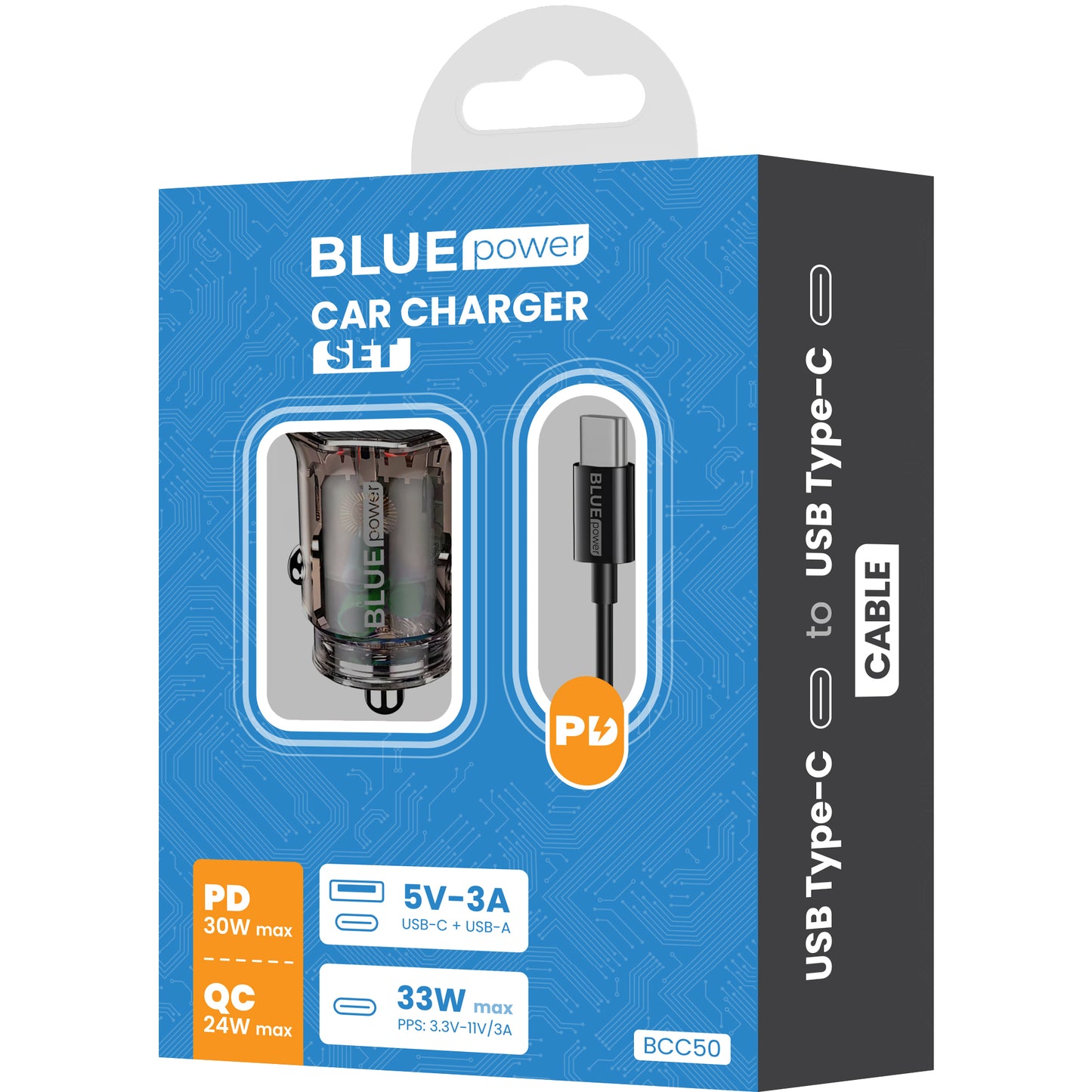 Car Charger With USB-C Cable BLUE Power BCC50, 33W, 3A, 1 x USB-A - 1 x USB-C, Black