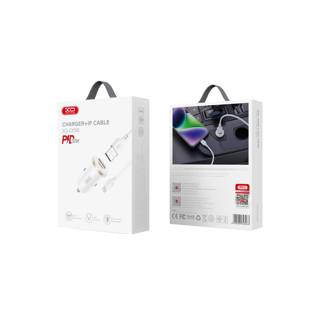 Auto-Ladegerät mit Lightning-Kabel XO Design CC56, 30W, 3A, 1 x USB-A - 1 x USB-C, Weiß