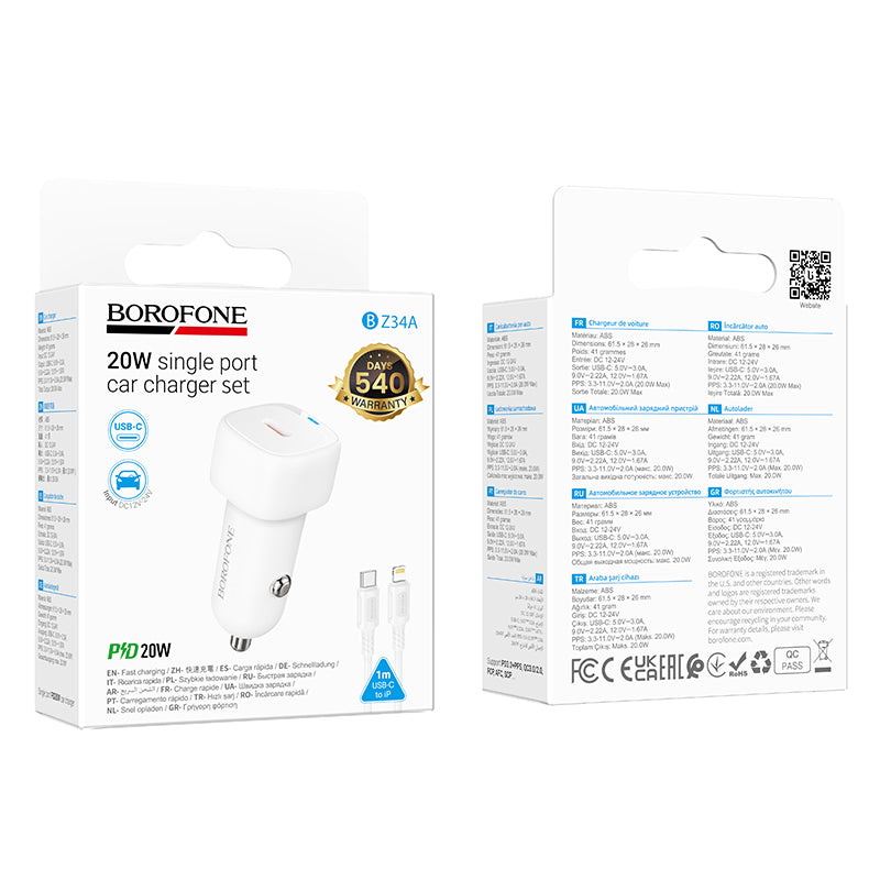 KFZ-Ladegerät mit Lightning-Kabel Borofone BZ34B Cloud, 20W, 3A, 1 x USB-A - 1 x USB-C, Weiß