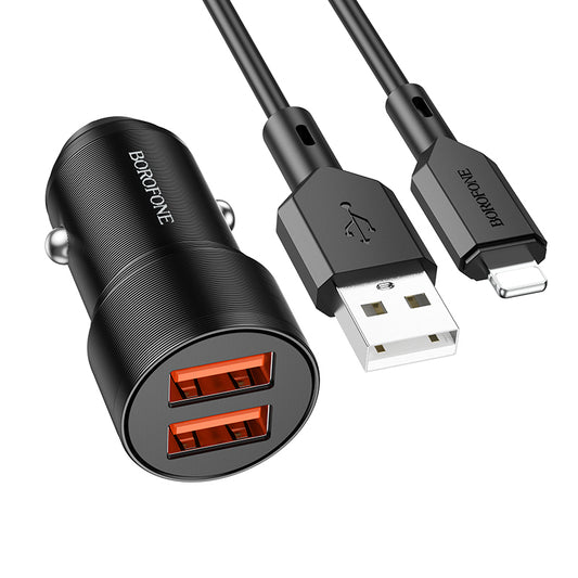 Autoladegerät mit Lightning-Kabel Borofone BZ19 Wisdom, 12W, 2.4A, 2 x USB-A, Schwarz 