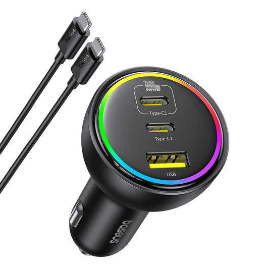 Auto-Ladegerät mit USB-C Kabel Baseus, 152.5W, 5A, 1 x USB-A - 2 x USB-C, Schwarz C00036101111-00