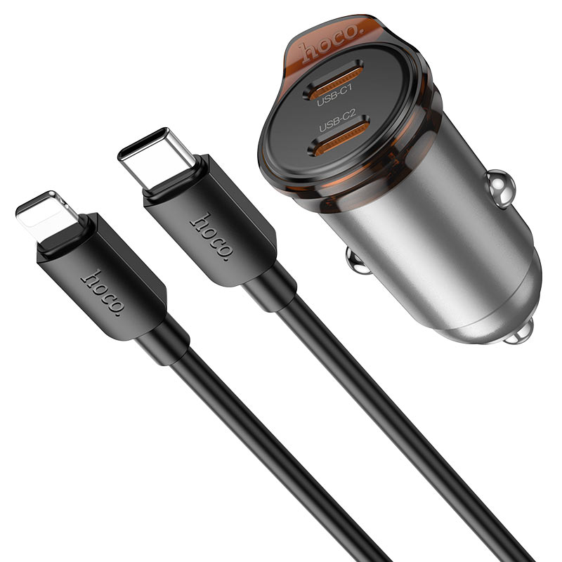 KFZ-Ladegerät mit Lightning-Kabel HOCO NZ16B, 45W, 3A, 2 x USB-C, Grau