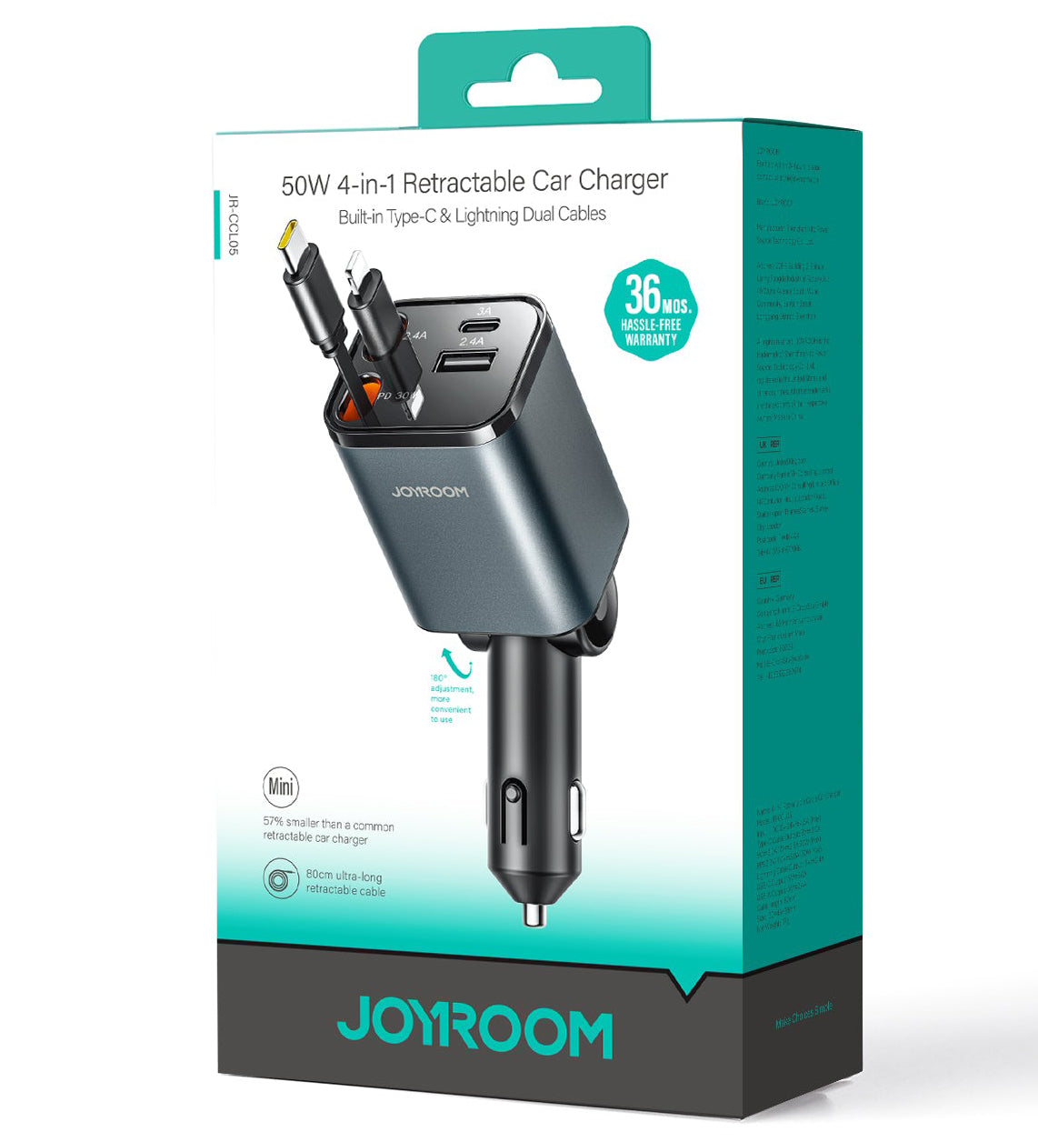 Auto-Ladegerät mit USB-C / Lightning-Kabel Joyroom JR-CCL05, 30W, 3A, 1 x USB-A - 1 x USB-C, Grau