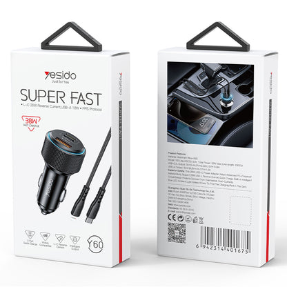 Auto-Ladegerät mit Lightning-Kabel Yesido Y60, 38W, 3A, 1 x USB-A - 2 x USB-C, Schwarz