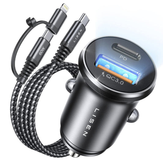 Auto-Ladegerät mit USB-C / Lightning Lisen Kabel, 48W, 3A, 1 x USB-A - 1 x USB-C, Schwarz YL0223080035