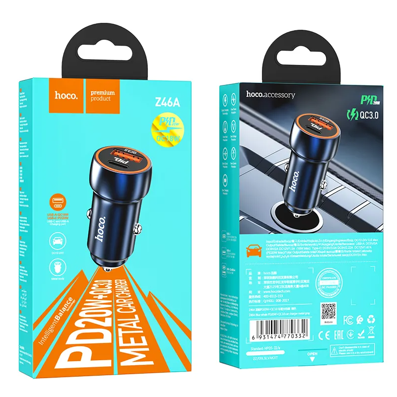 Auto-Ladegerät HOCO Z46A, 20W, 3A, 1 x USB-A - 1 x USB-C, Blau