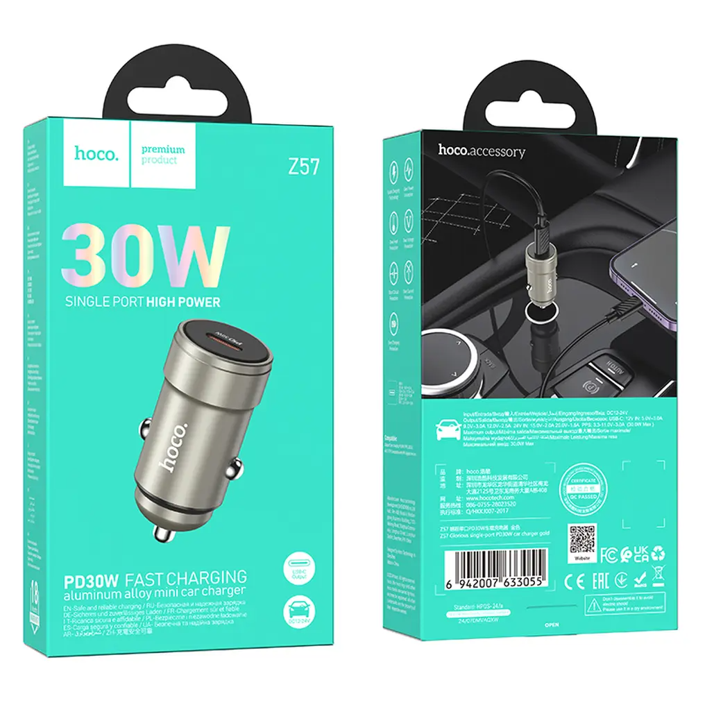 Auto-Ladegerät HOCO Z57, 30W, 3A, 1 x USB-C, Grau