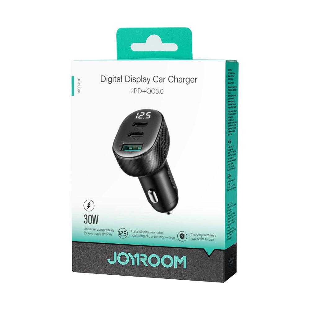Joyroom JR-CCD04 Car Charger, 30W, 3A, 1 x USB-A - 2 x USB-C, Black