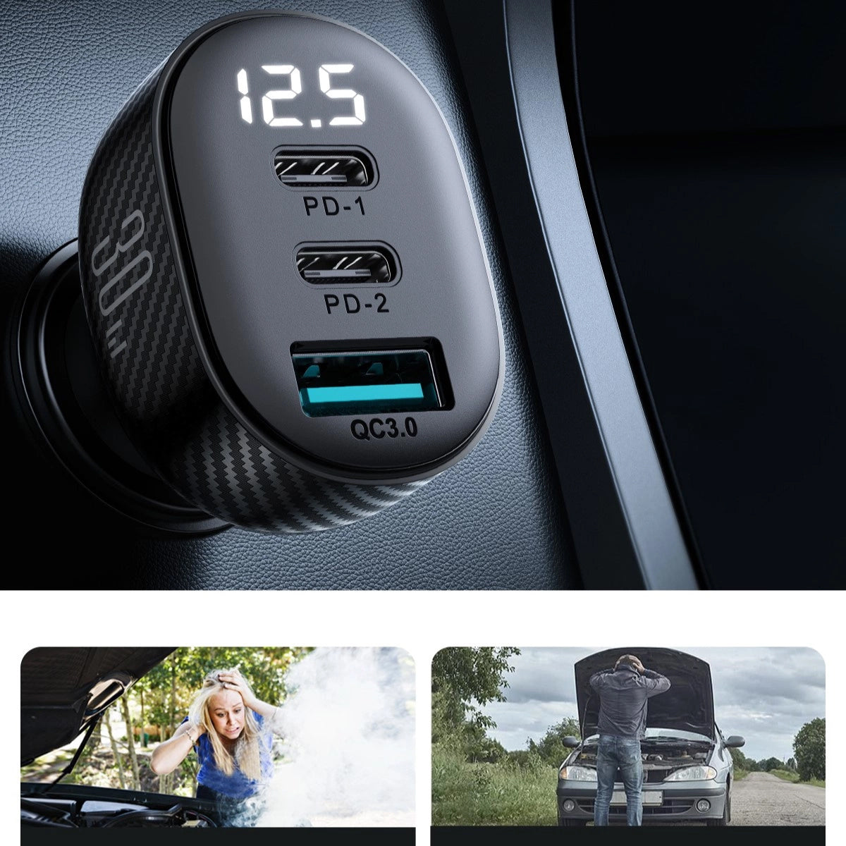 Joyroom JR-CCD04 Car Charger, 30W, 3A, 1 x USB-A - 2 x USB-C, Black