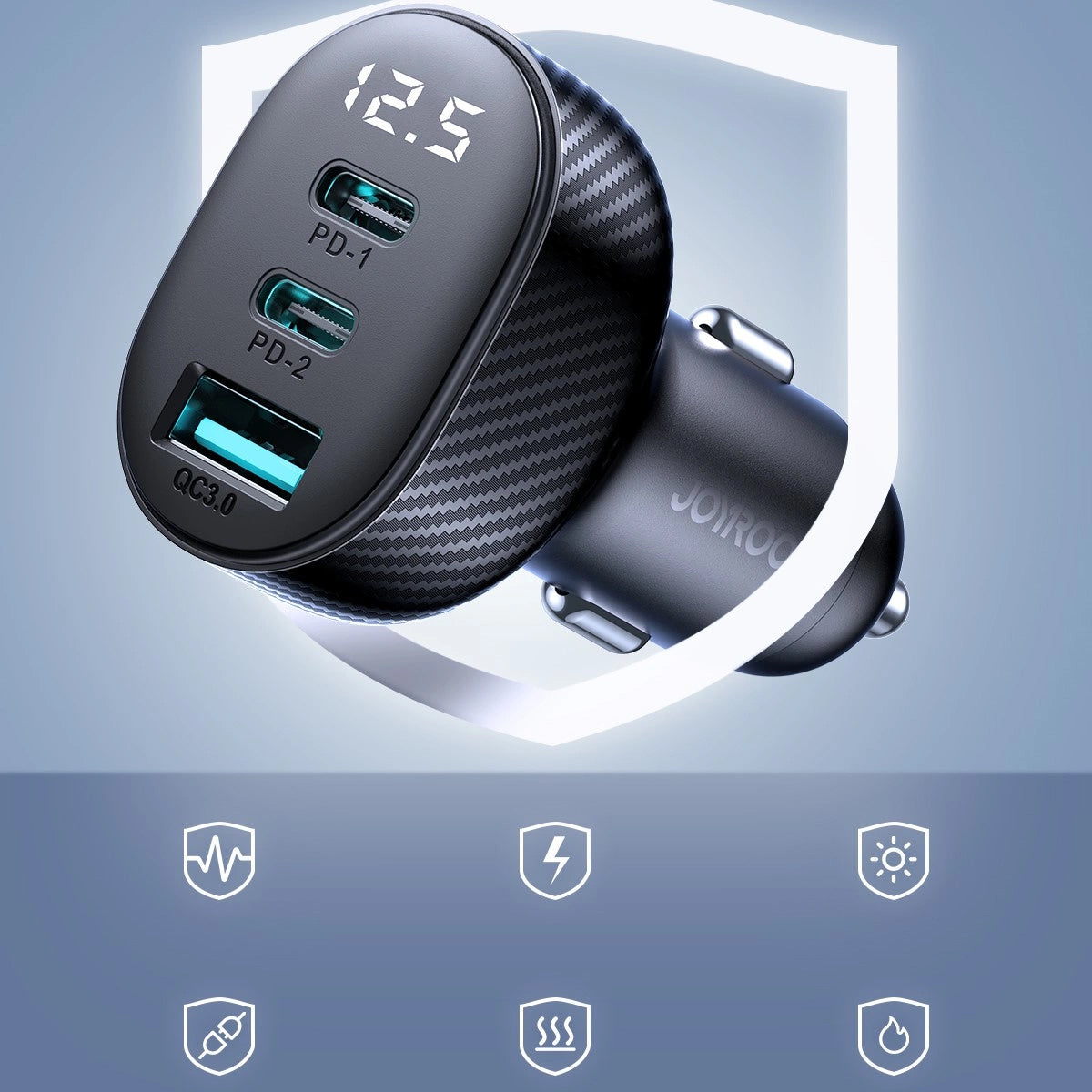 Joyroom JR-CCD04 Car Charger, 30W, 3A, 1 x USB-A - 2 x USB-C, Black